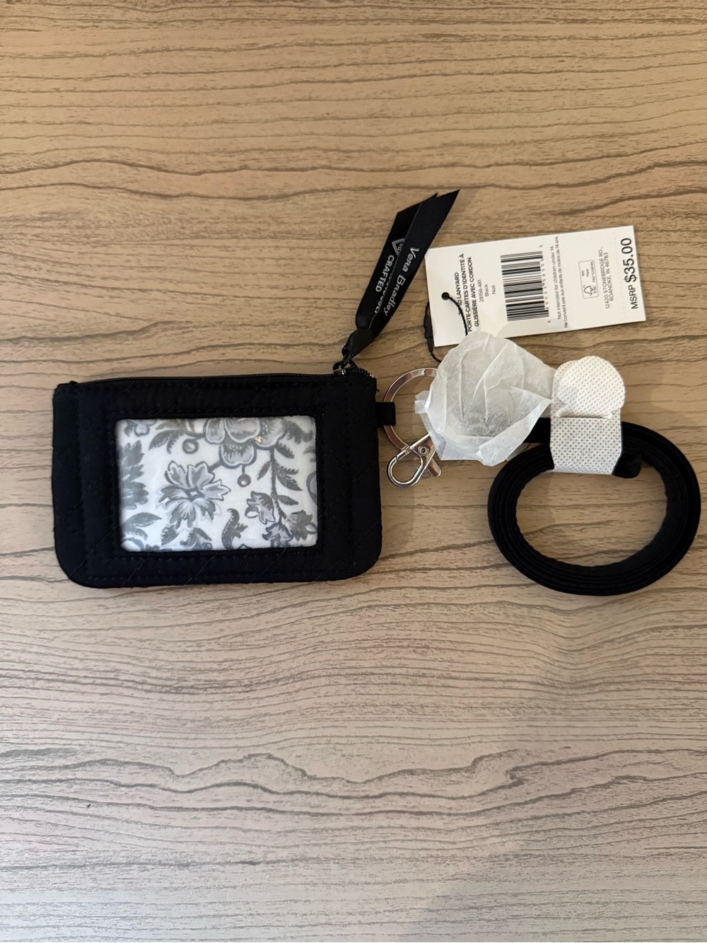 Vera Bradley Black Quilted ID Card Holder with Floral Insert and Keyring